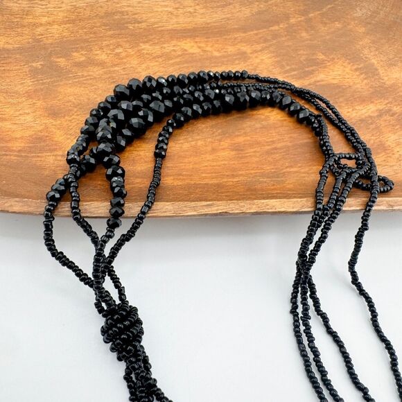 Vintage Black Beaded Layered Necklace Tassel Lariat Monochromatic Retro - Picture 8 of 11